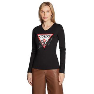 T-Shirt mit V-Ausschnitt und langen Ärmeln, Frau Guess Icon
